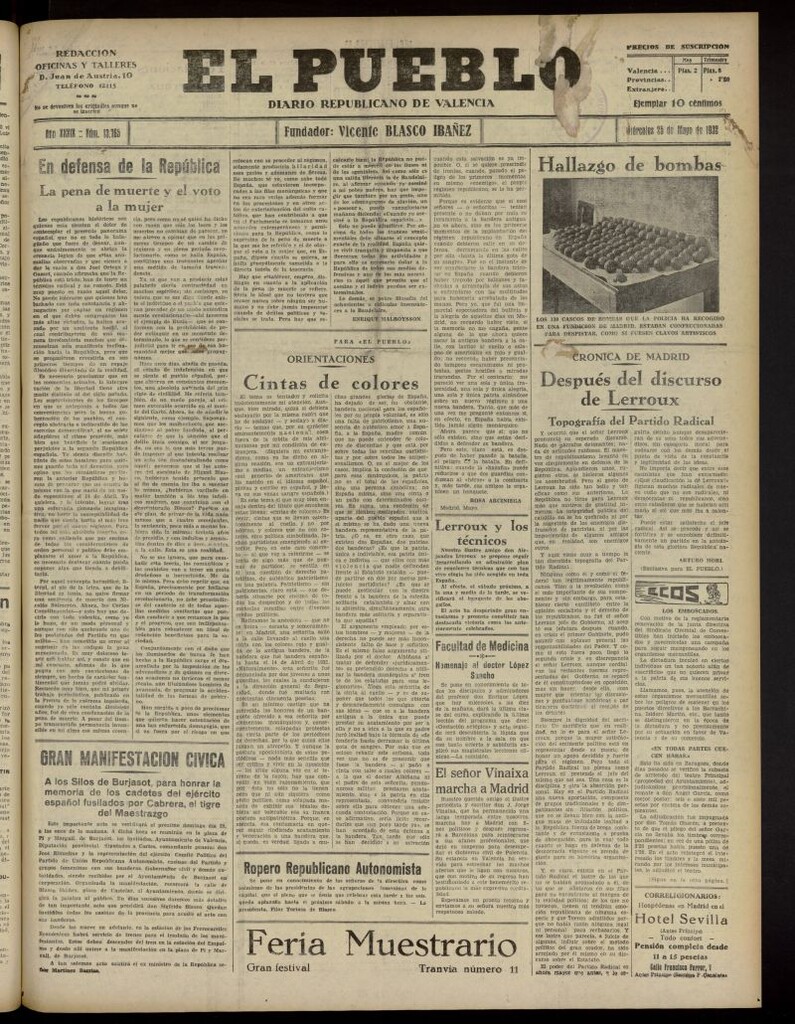 Miniatura de El Pueblo : Diario republicano de Valencia del 25 de mayo de 1932, nº 13.765