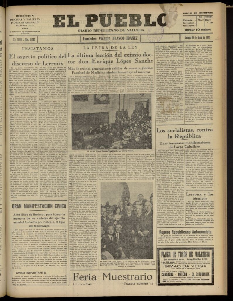Miniatura de El Pueblo : Diario republicano de Valencia del 26 de mayo de 1932, nº 13.766