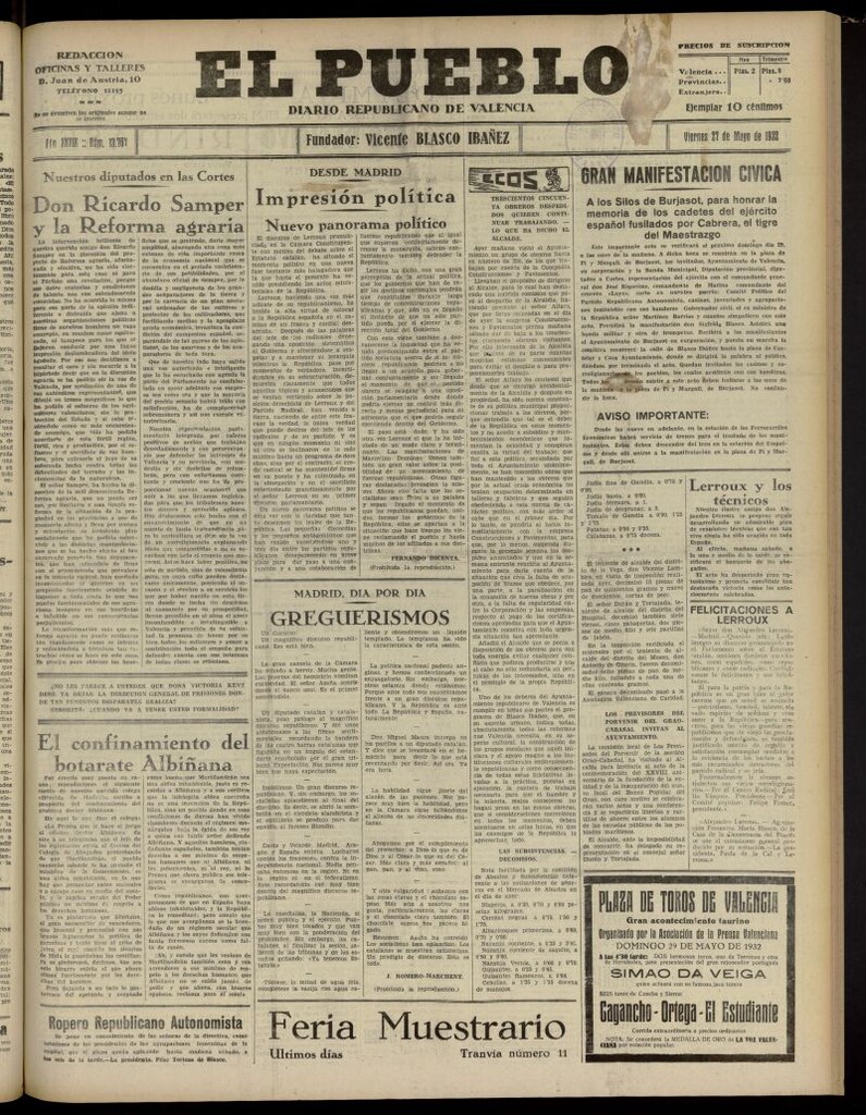Miniatura de El Pueblo : Diario republicano de Valencia del 27 de mayo de 1932, nº 13.767