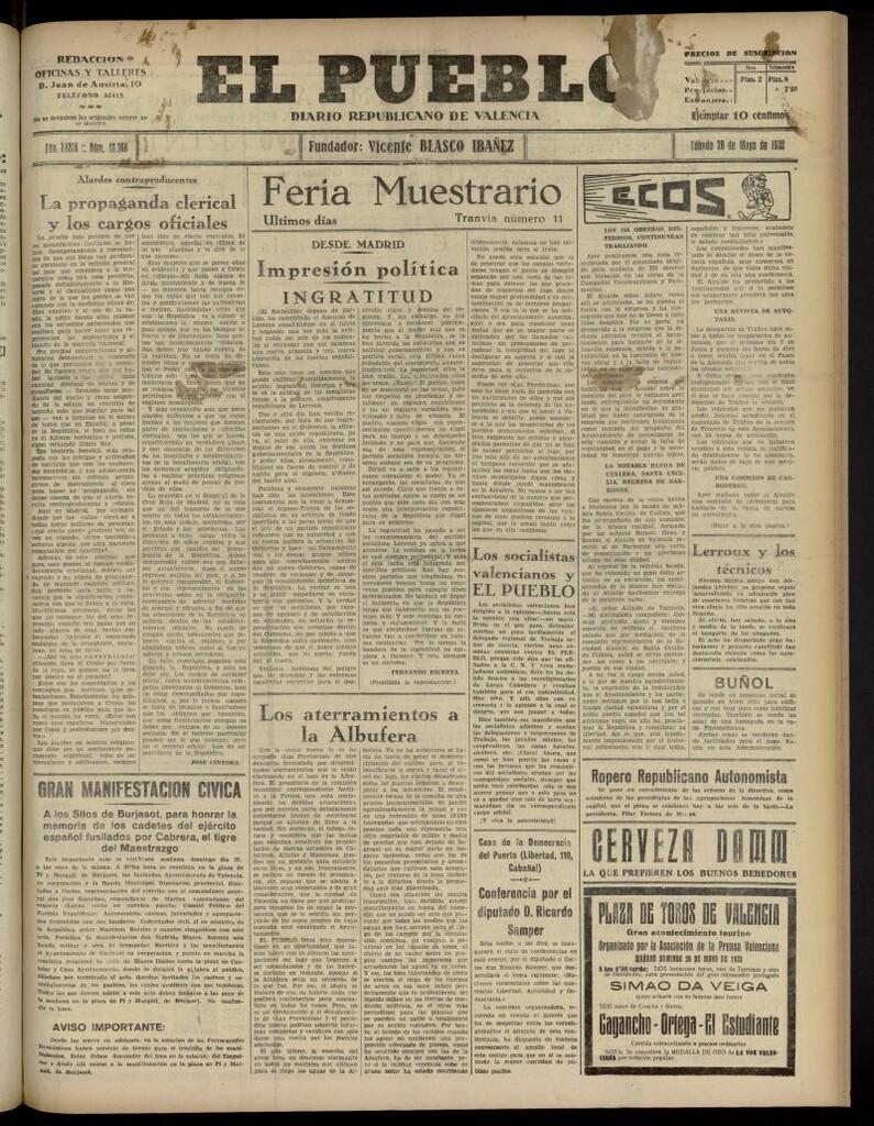 Miniatura de El Pueblo : Diario republicano de Valencia del 28 de mayo de 1932, nº 13.768