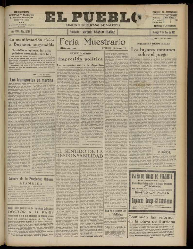 Miniatura de El Pueblo : Diario republicano de Valencia del 29 de mayo de 1932, nº 13.769
