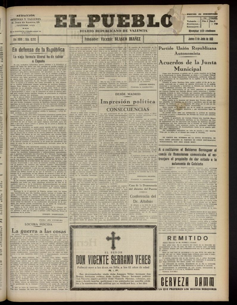 Miniatura de El Pueblo : Diario republicano de Valencia del 2 de junio de 1932, nº 13.772