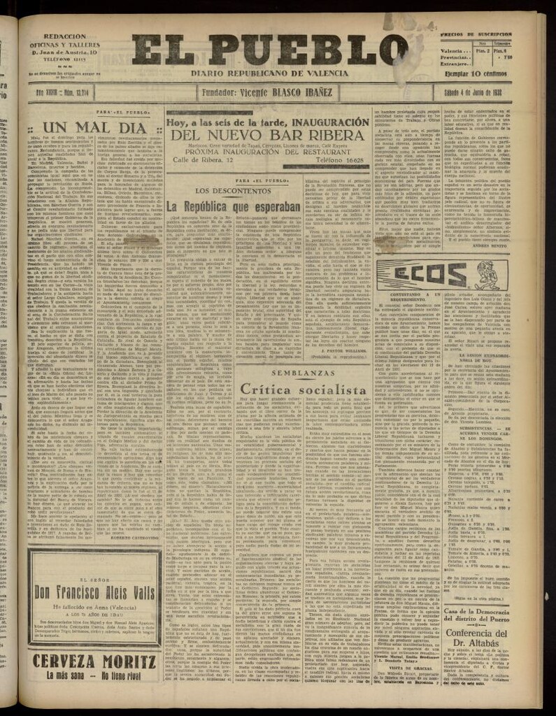 Miniatura de El Pueblo : Diario republicano de Valencia del 4 de junio de 1932, nº 13.774