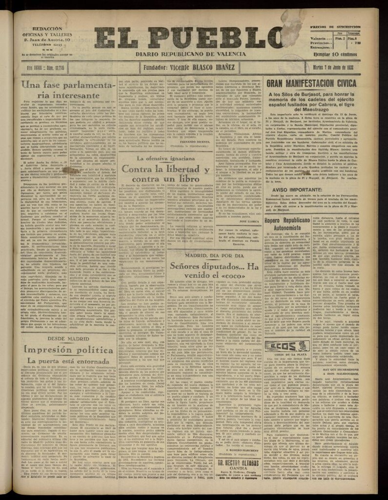 Miniatura de El Pueblo : Diario republicano de Valencia del 7 de junio de 1932, nº 13.776