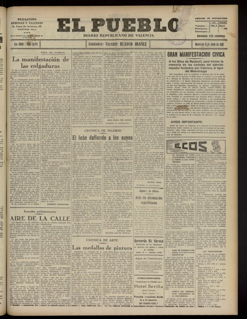 Miniatura de El Pueblo : Diario republicano de Valencia del 8 de junio de 1932, nº 13.777