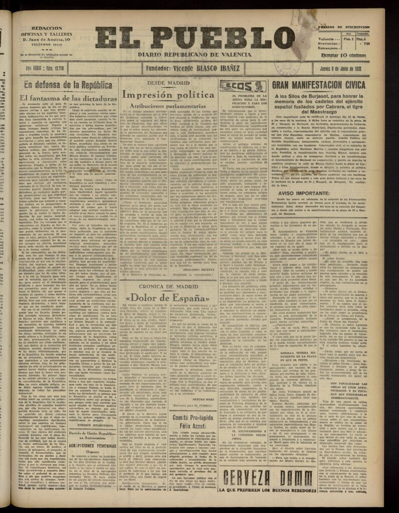 Miniatura de El Pueblo : Diario republicano de Valencia del 9 de junio de 1932, nº 13.778