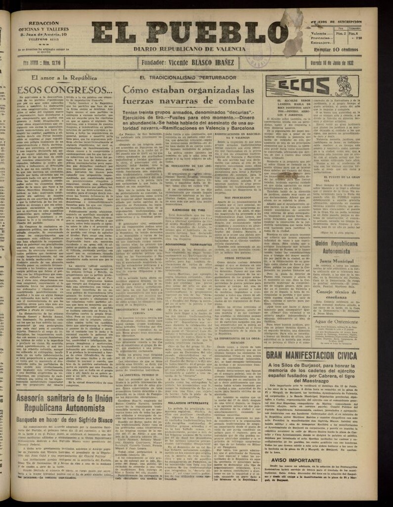 Miniatura de El Pueblo : Diario republicano de Valencia del 10 de junio de 1932, nº 13.779