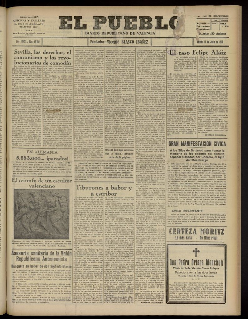 Miniatura de El Pueblo : Diario republicano de Valencia del 11 de junio de 1932, nº 13.780