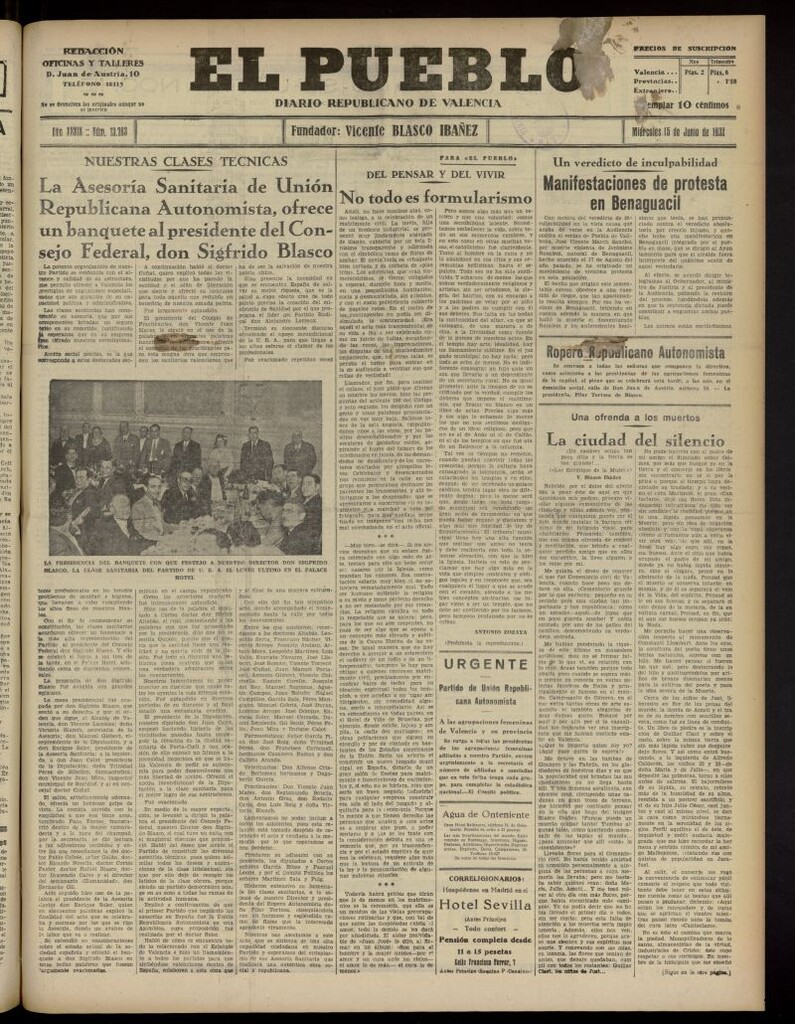 Miniatura de El Pueblo : Diario republicano de Valencia del 15 de junio de 1932, nº 13.783