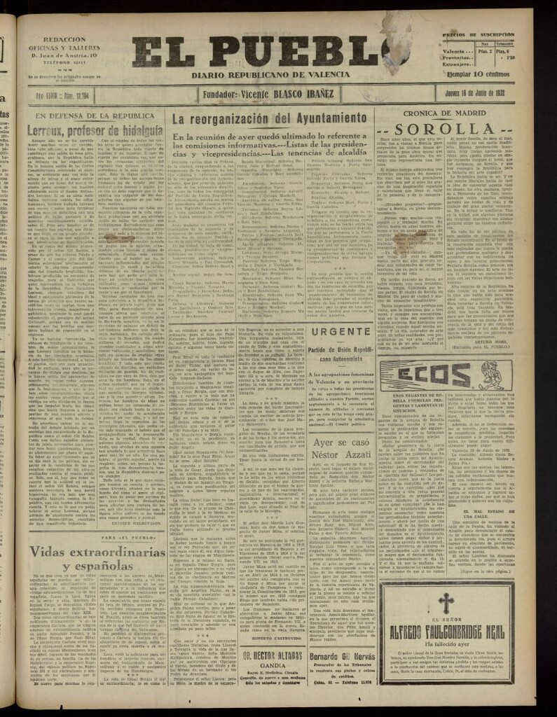 Miniatura de El Pueblo : Diario republicano de Valencia del 16 de junio de 1932, nº 13.784