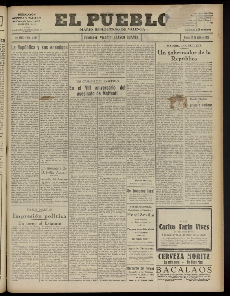 Miniatura de El Pueblo : Diario republicano de Valencia del 17 de junio de 1932, nº 13.785