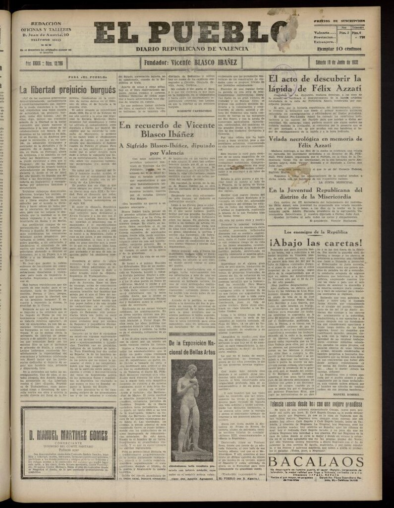 Miniatura de El Pueblo : Diario republicano de Valencia del 18 de junio de 1932, nº 13.786