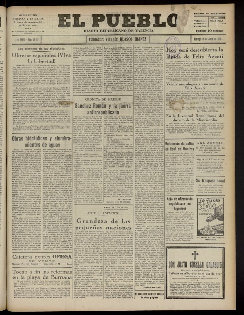 Miniatura de El Pueblo : Diario republicano de Valencia del 19 de junio de 1932, nº 13.787
