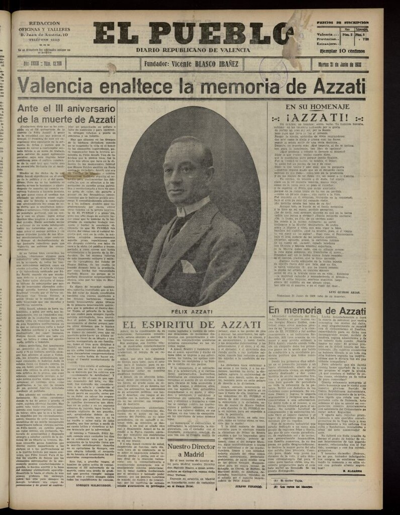 Miniatura de El Pueblo : Diario republicano de Valencia del 21 de junio de 1932, nº 13.788