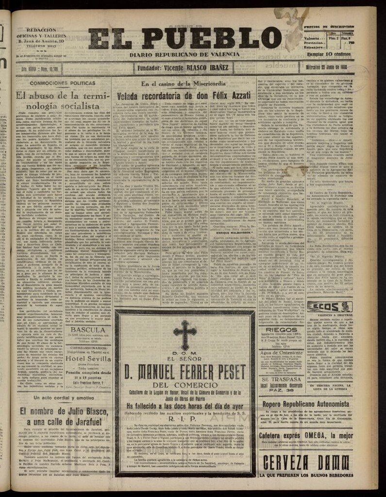 Miniatura de El Pueblo : Diario republicano de Valencia del 22 de junio de 1932, nº 13.789