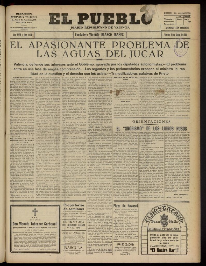 Miniatura de El Pueblo : Diario republicano de Valencia del 24 de junio de 1932, nº 13.791