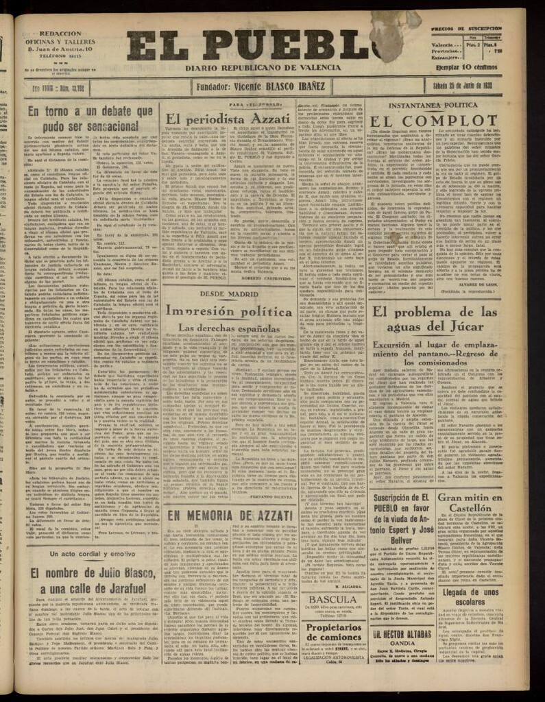 Miniatura de El Pueblo : Diario republicano de Valencia del 25 de junio de 1932, nº 13.792