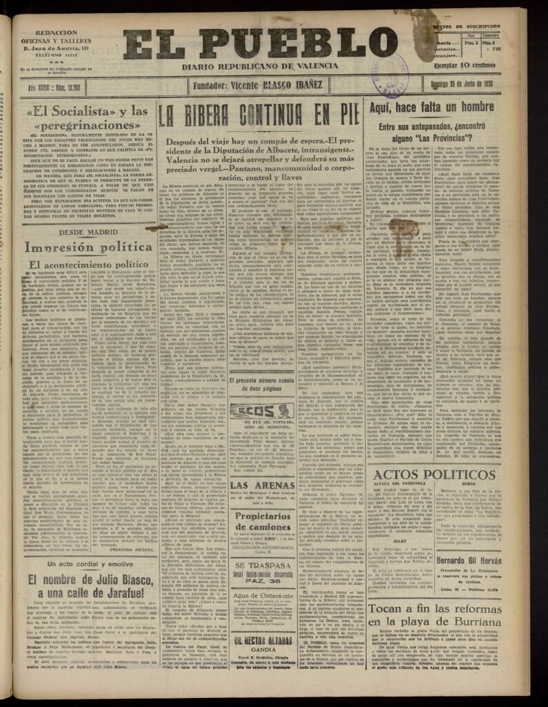 Miniatura de El Pueblo : Diario republicano de Valencia del 26 de junio de 1932, nº 13.793