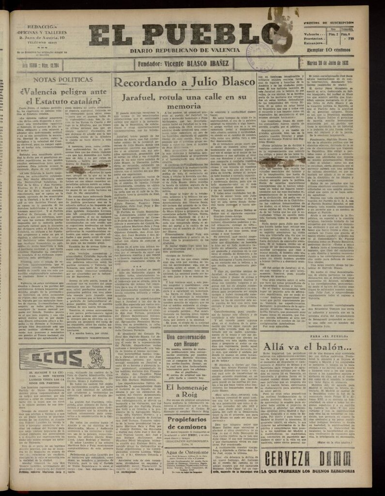 Miniatura de El Pueblo : Diario republicano de Valencia del 28 de junio de 1932, nº 13.794