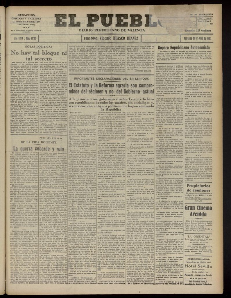Miniatura de El Pueblo : Diario republicano de Valencia del 29 de junio de 1932, nº 13.795