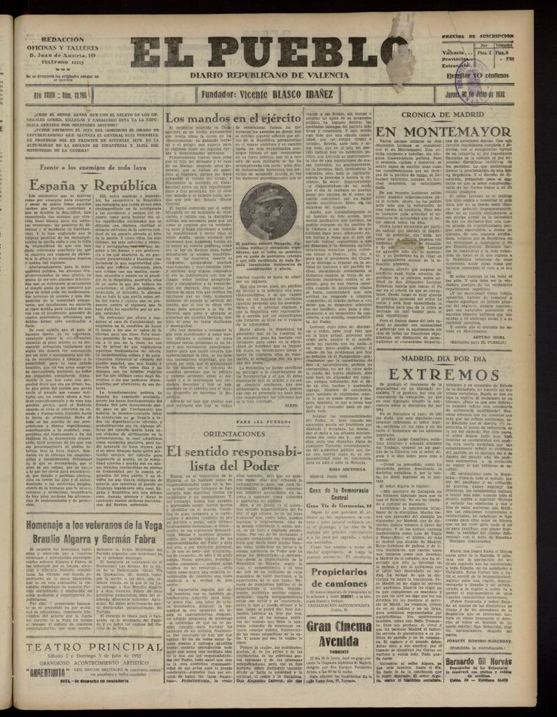 Miniatura de El Pueblo : Diario republicano de Valencia del 30 de junio de 1932, nº 13.796