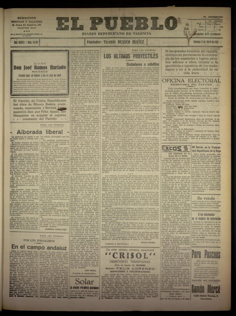 Miniatura de El Pueblo : Diario republicano de Valencia del 3 de abril de 1931, nº 13.387