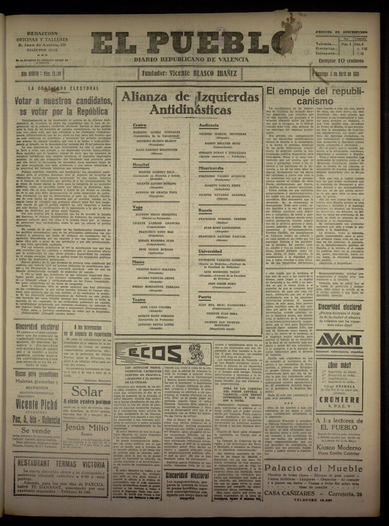 Miniatura de El Pueblo : Diario republicano de Valencia del 5 de abril de 1931, nº 13.389