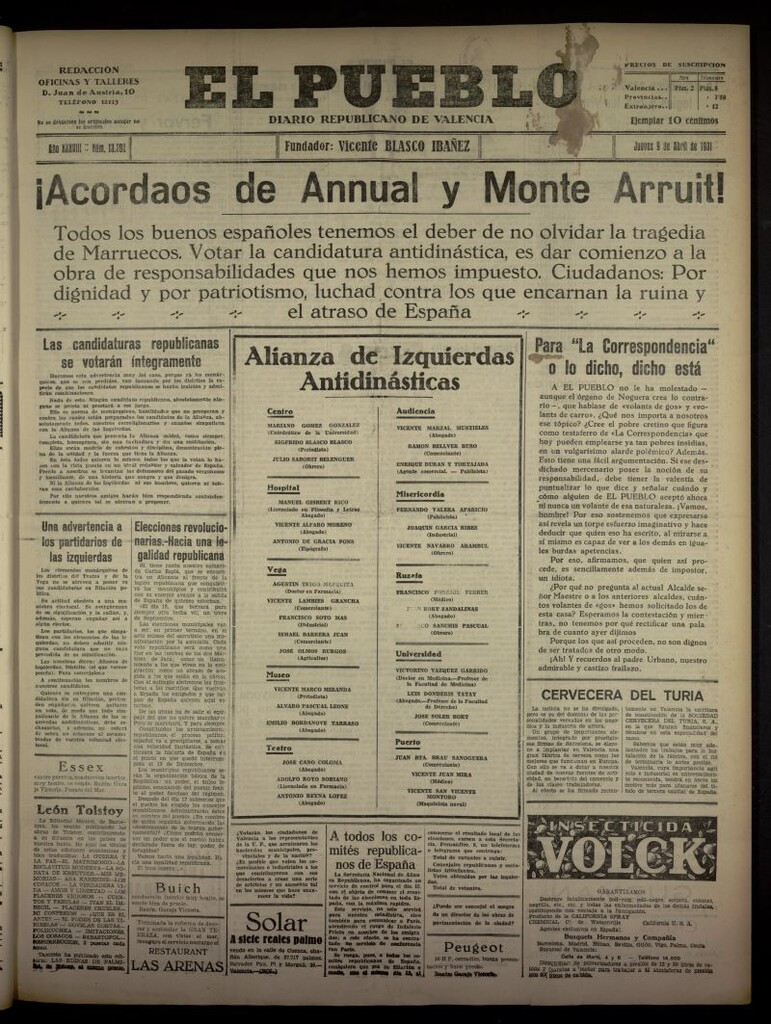 Miniatura de El Pueblo : Diario republicano de Valencia del 9 de abril de 1931, nº 13.392
