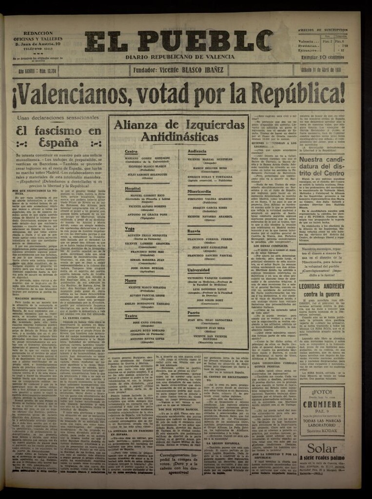 Miniatura de El Pueblo : Diario republicano de Valencia del 11 de abril de 1931, nº 13.394
