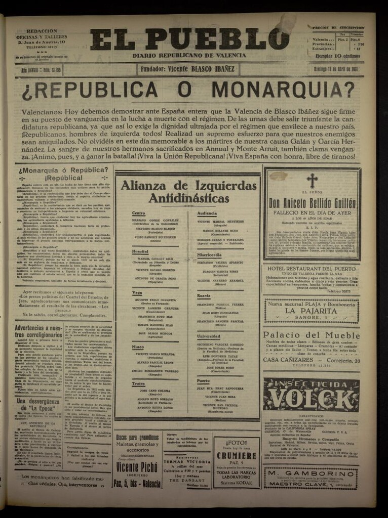 Miniatura de El Pueblo : Diario republicano de Valencia del 12 de abril de 1931, nº 13.395