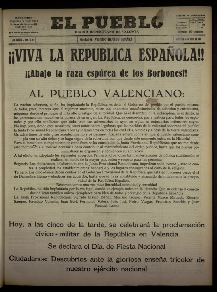 Miniatura de El Pueblo : Diario republicano de Valencia del 15 de abril de 1931, nº 13.397