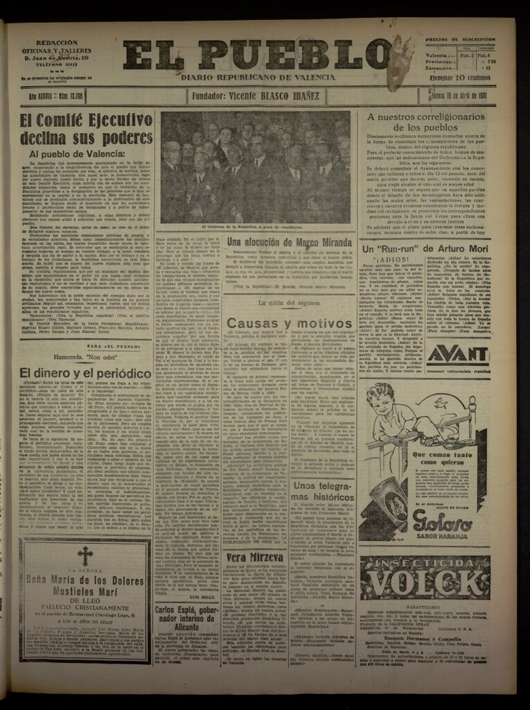 Miniatura de El Pueblo : Diario republicano de Valencia del 16 de abril de 1931, nº 13.398