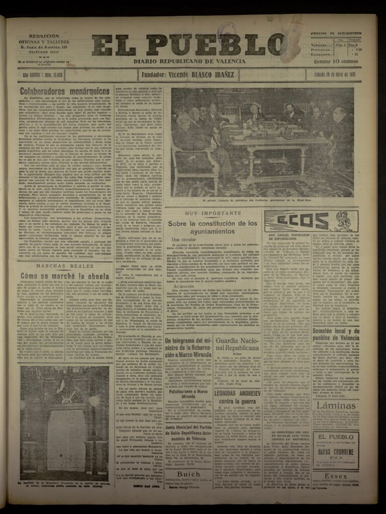 Miniatura de El Pueblo : Diario republicano de Valencia del 18 de abril de 1931, nº 13.400