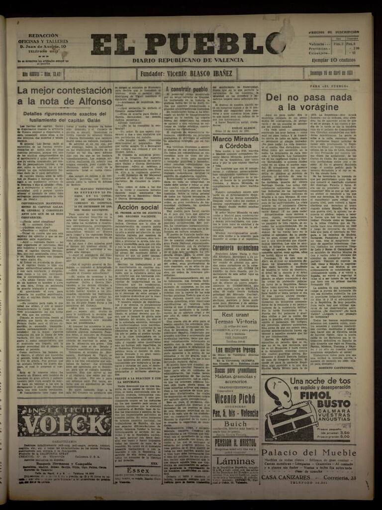 Miniatura de El Pueblo : Diario republicano de Valencia del 19 de abril de 1931, nº 13.401