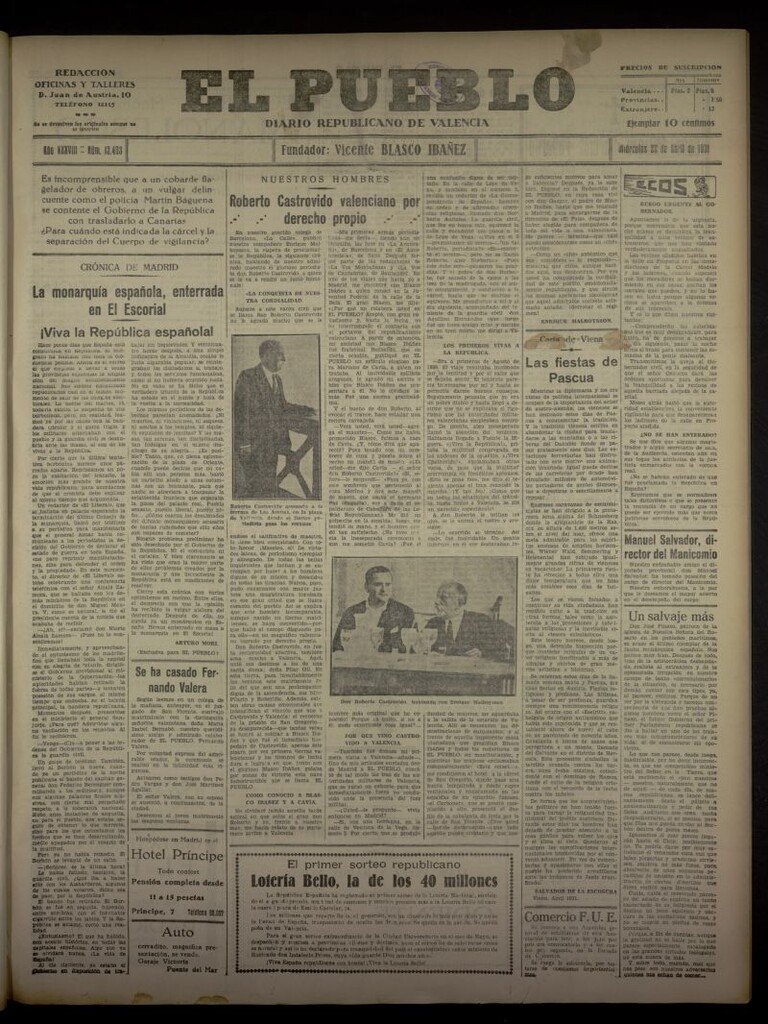 Miniatura de El Pueblo : Diario republicano de Valencia del 22 de abril de 1931, nº 13.403