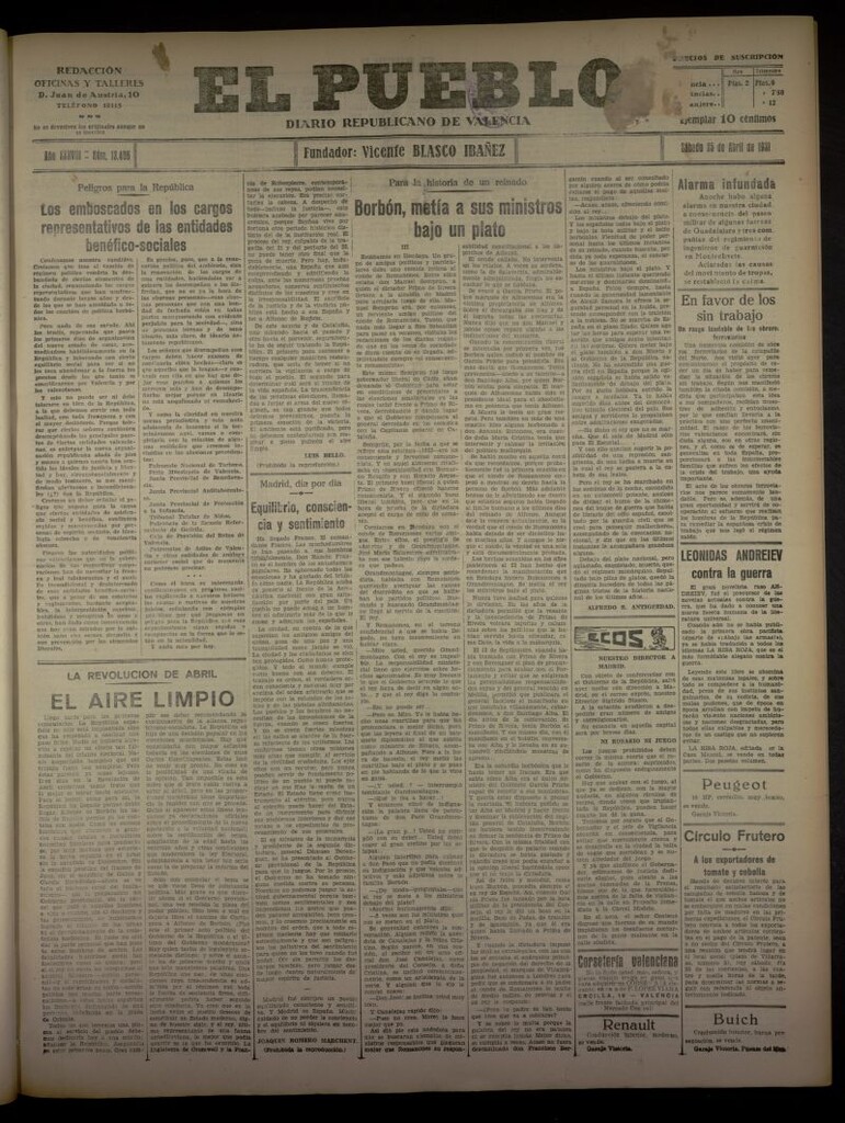 Miniatura de El Pueblo : Diario republicano de Valencia del 25 de abril de 1931, nº 13.406