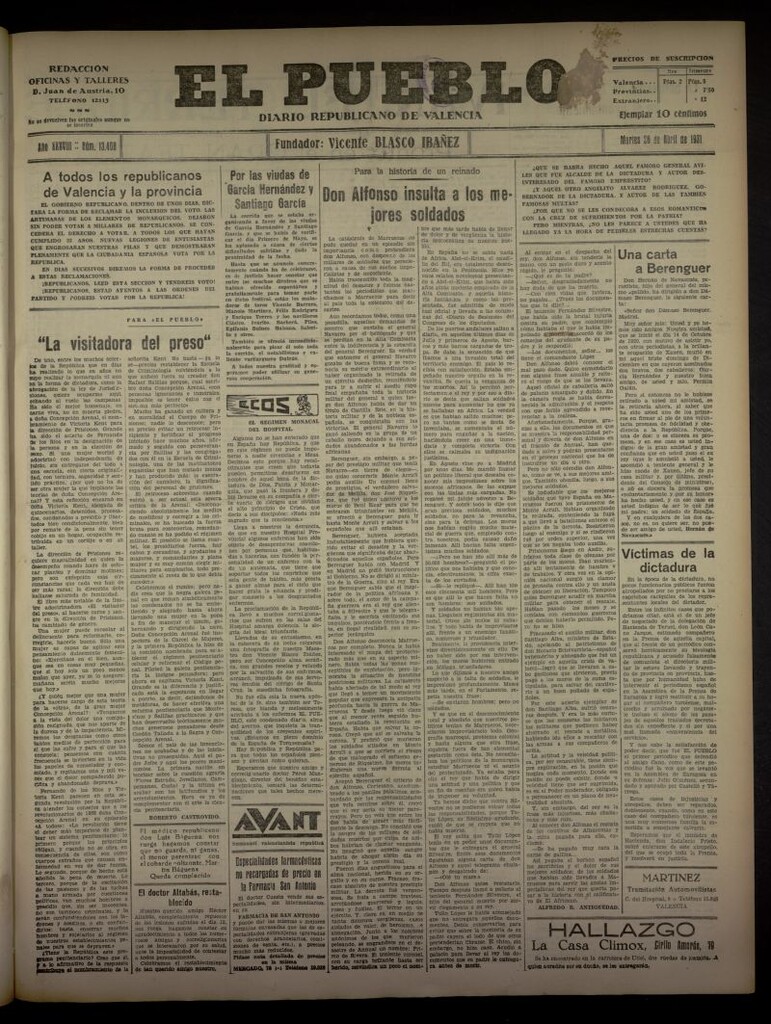 Miniatura de El Pueblo : Diario republicano de Valencia del 28 de abril de 1931, nº 13.408