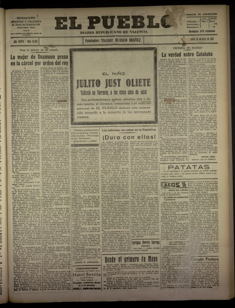 Miniatura de El Pueblo : Diario republicano de Valencia del 29 de abril de 1931, nº 13.409