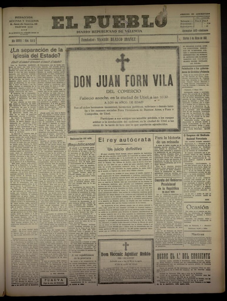 Miniatura de El Pueblo : Diario republicano de Valencia del 5 de mayo de 1931, nº 13.413