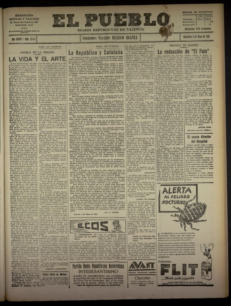 Miniatura de El Pueblo : Diario republicano de Valencia del 6 de mayo de 1931, nº 13.414