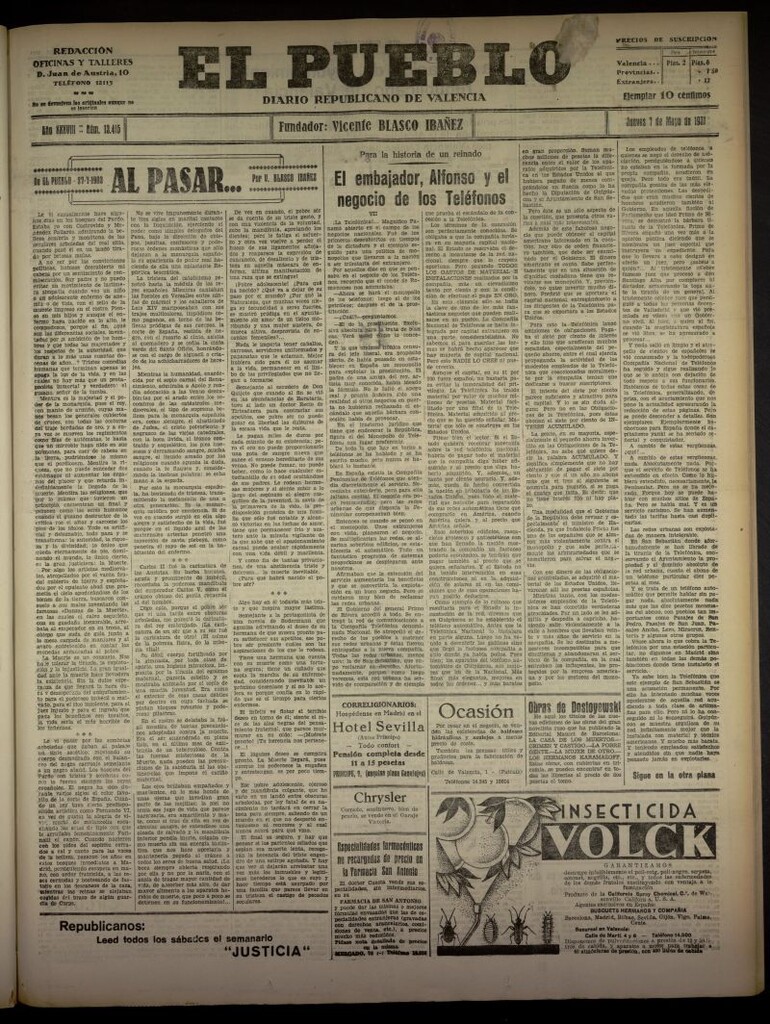 Miniatura de El Pueblo : Diario republicano de Valencia del 7 de mayo de 1931, nº 13.415
