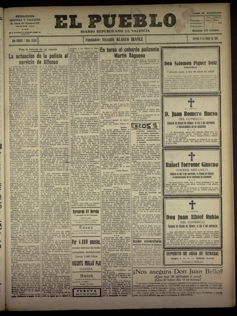 Miniatura de El Pueblo : Diario republicano de Valencia del 8 de mayo de 1931, nº 13.416