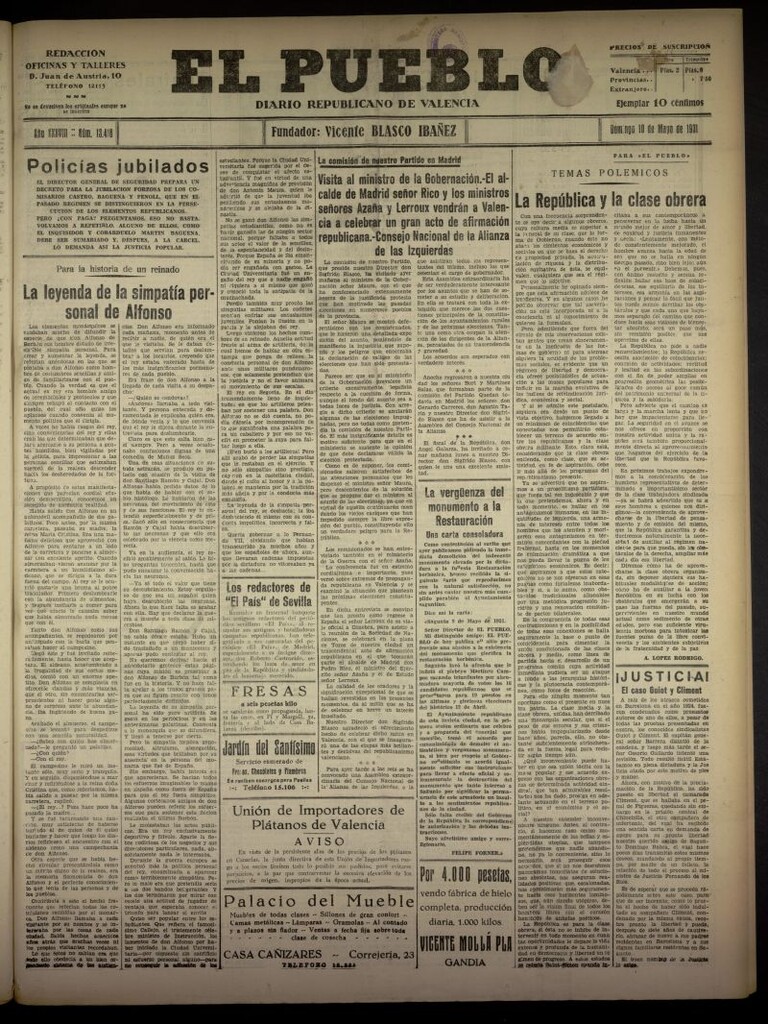 Miniatura de El Pueblo : Diario republicano de Valencia del 10 de mayo de 1931, nº 13.418