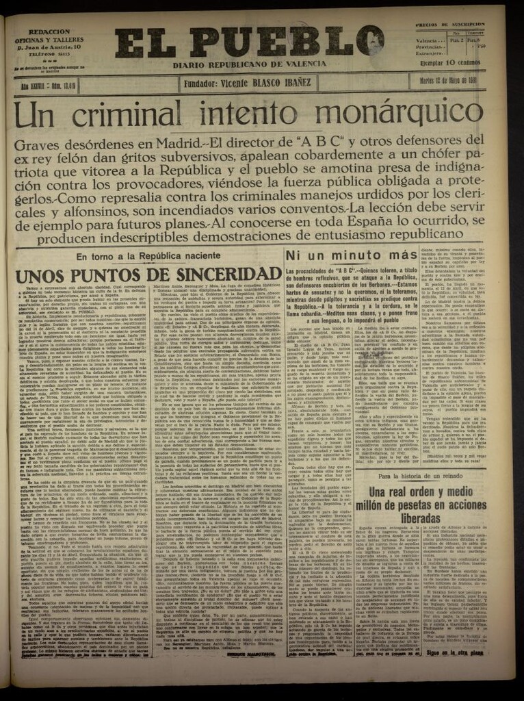 Miniatura de El Pueblo : Diario republicano de Valencia del 12 de mayo de 1931, nº 13.419