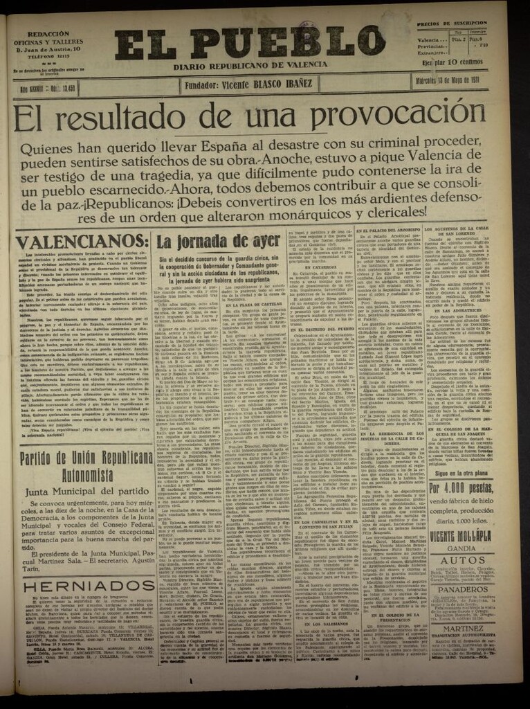 Miniatura de El Pueblo : Diario republicano de Valencia del 13 de mayo de 1931, nº 13.450 [sic]