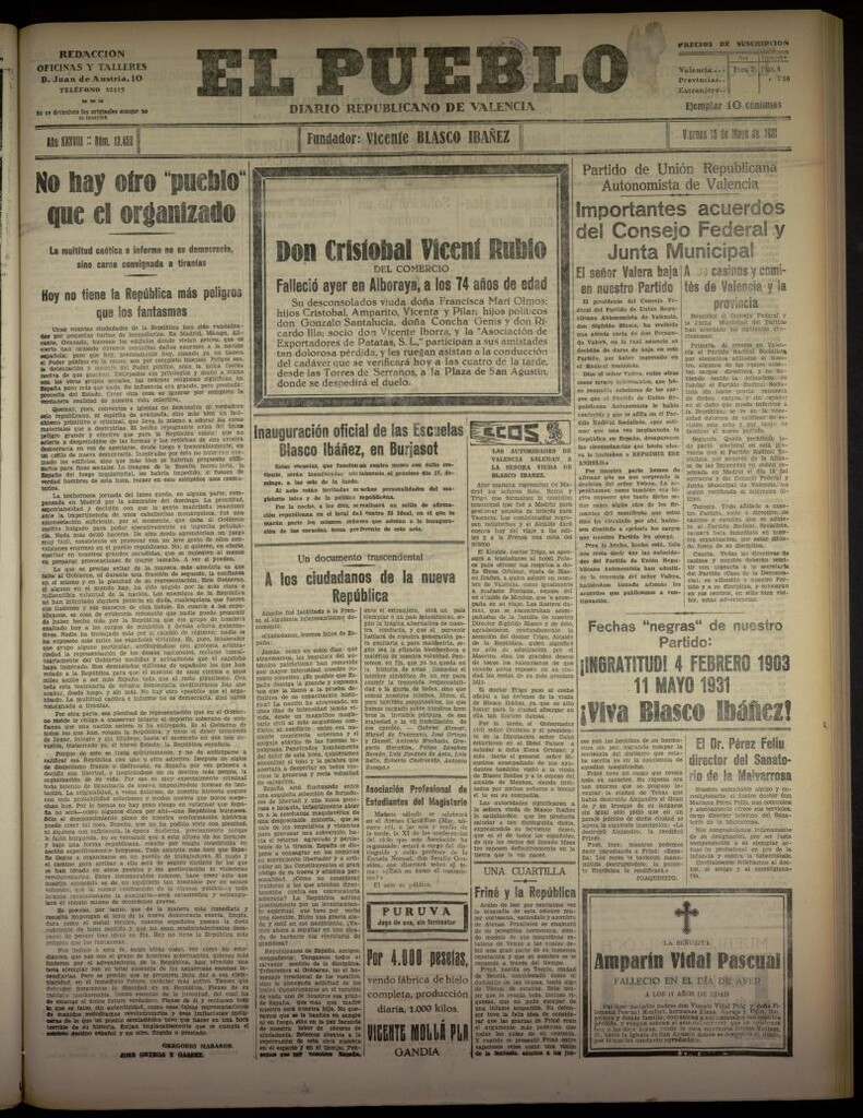 Miniatura de El Pueblo : Diario republicano de Valencia del 15 de mayo de 1931, nº 13.452