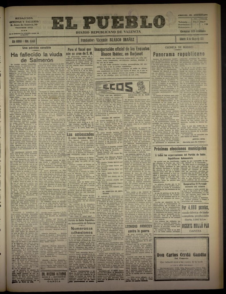 Miniatura de El Pueblo : Diario republicano de Valencia del 16 de mayo de 1931, nº 13.453