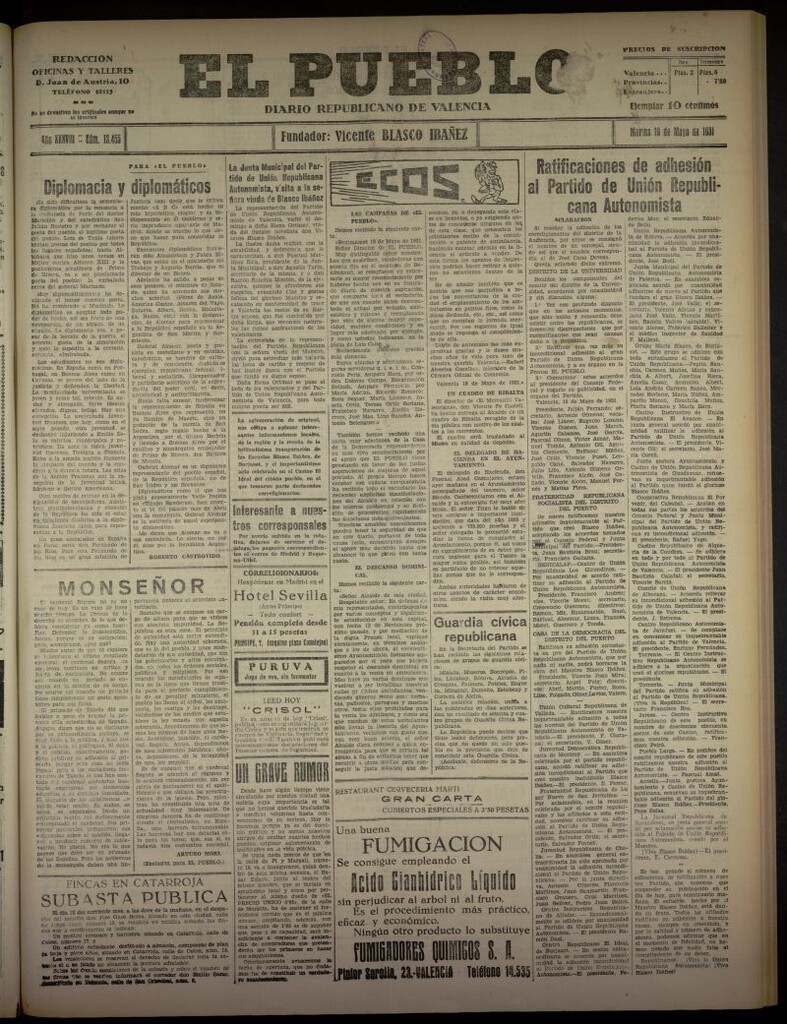 Miniatura de El Pueblo : Diario republicano de Valencia del 19 de mayo de 1931, nº 13.455