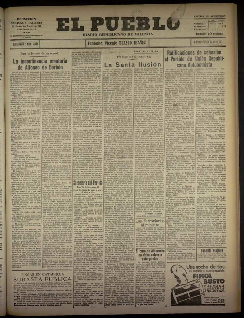 Miniatura de El Pueblo : Diario republicano de Valencia del 20 de mayo de 1931, nº 13.456
