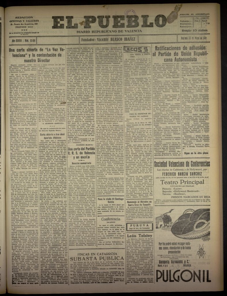 Miniatura de El Pueblo : Diario republicano de Valencia del 22 de mayo de 1931, nº 13.458